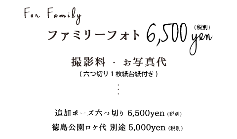 ファミリーフォト6,500円税別追加ポーズ六つ切り6,500円税別徳島公園ロケ代5,000円税別